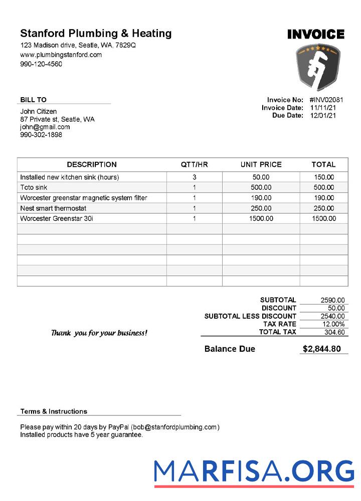 Printable USA Stanford Plumbing & Heating sample
